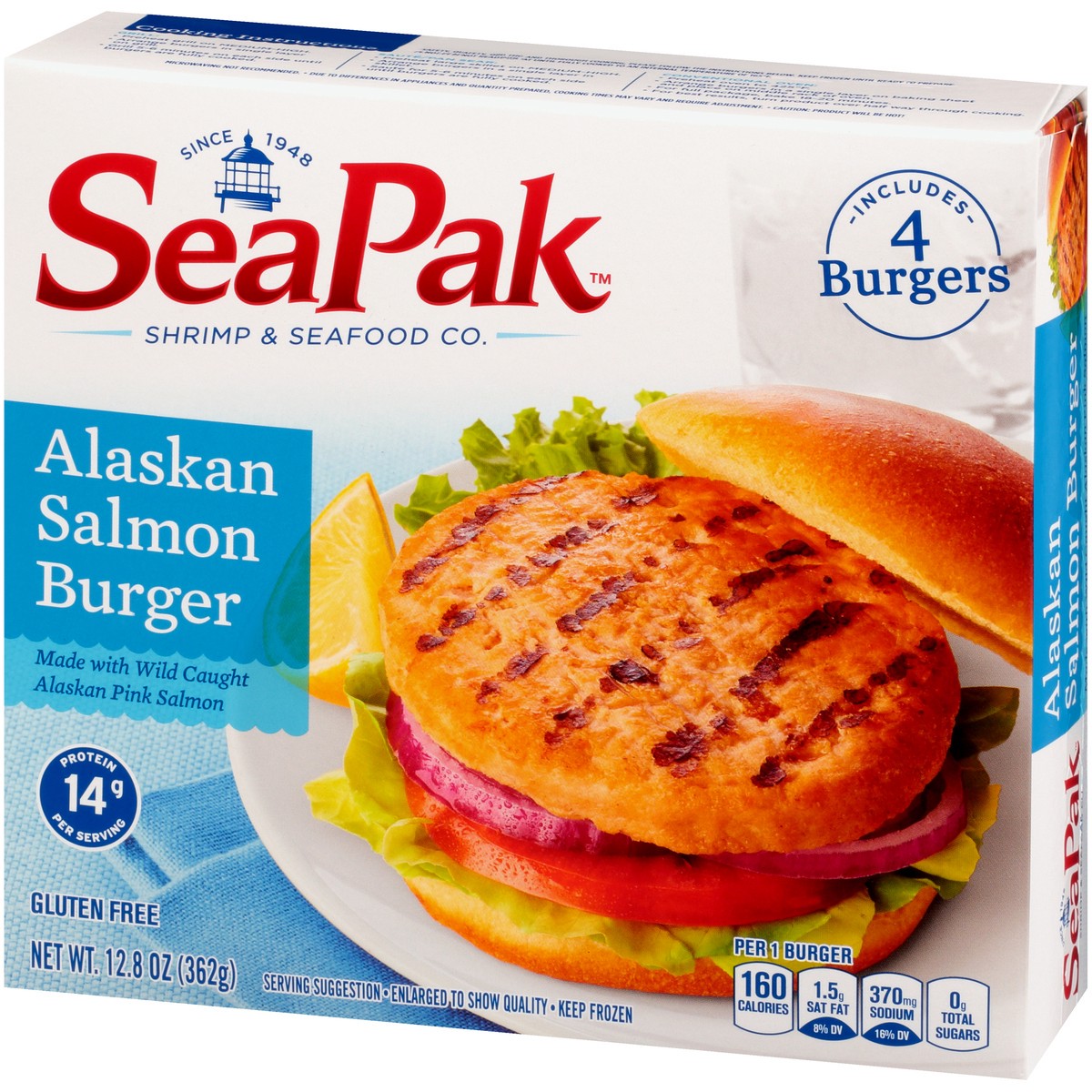 slide 8 of 14, SeaPak Shrimp & Seafood Co. Alaskan Salmon Burger 4 ct Box, 12.8 oz