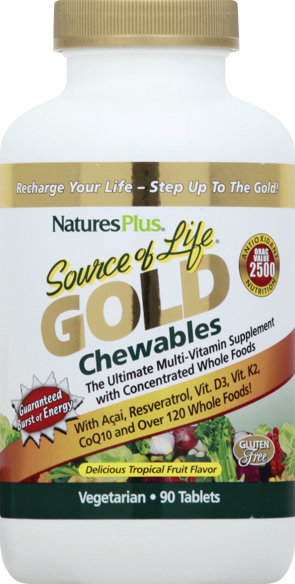 slide 9 of 12, Nature's Plus Source of Life Gold Chewables Tablets Delicious Tropical Fruit Flavor Multi-Vitamin Supplement 90 ea, 90 ct