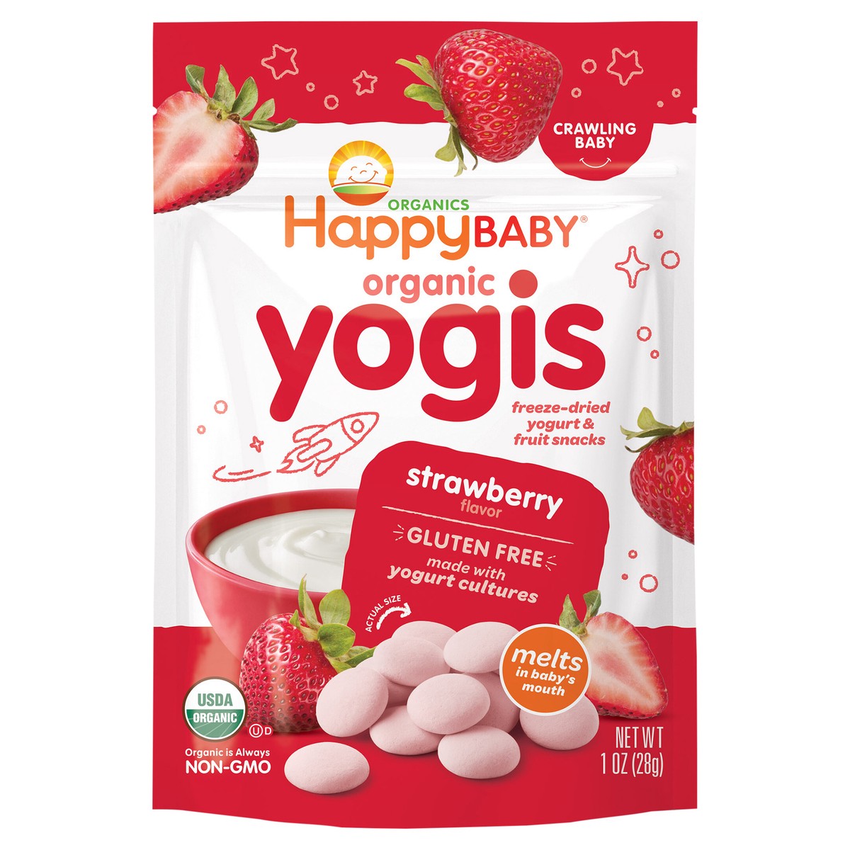 slide 1 of 3, Happy Baby Organics Organic Yogis Freeze-Dried Yogurt & Fruit Snacks Strawberry 1 oz UNIT, 1 oz