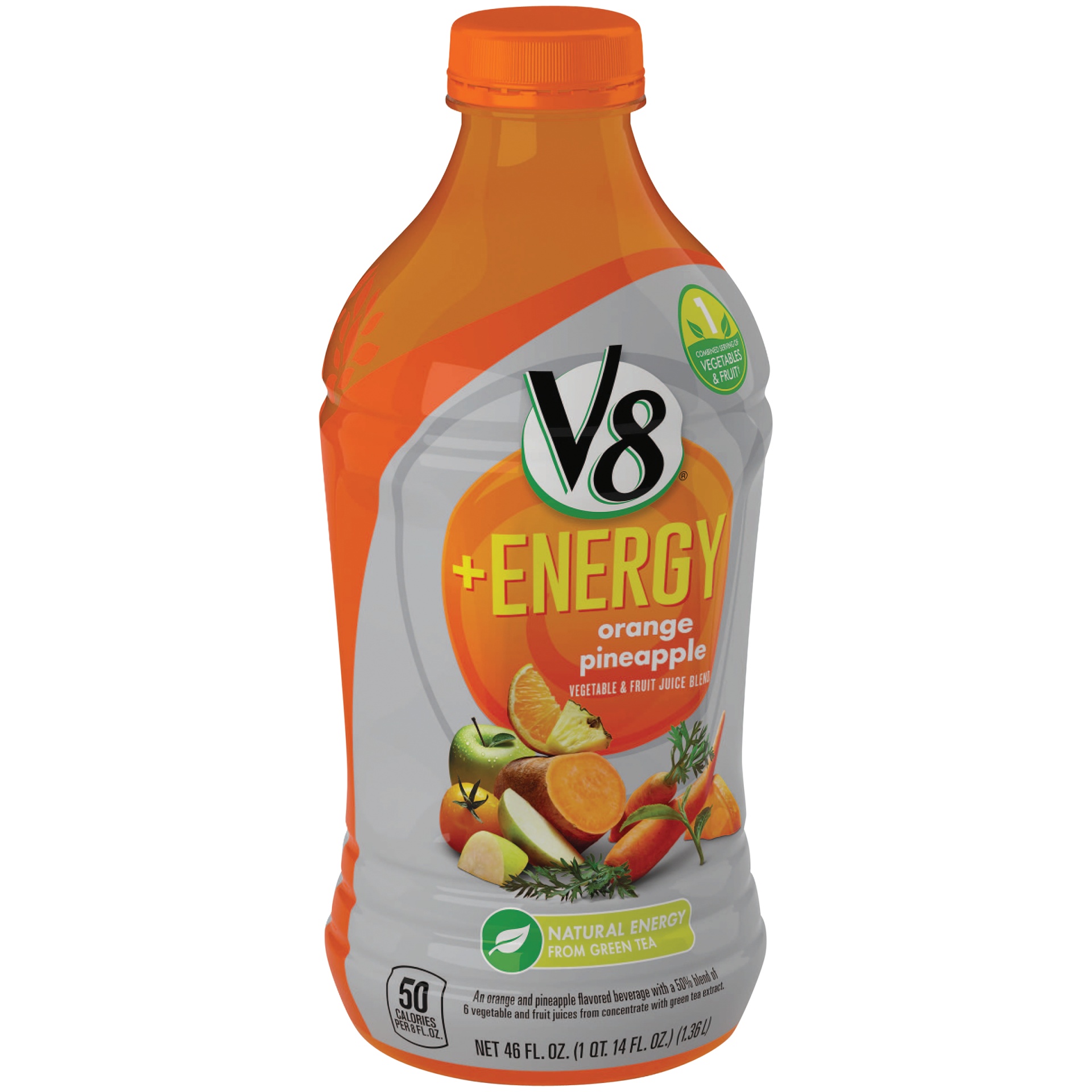 slide 1 of 3, V8 V-Fusion Orange Pineapple Energy Vegetable and Fruit Juice Bottle, 46 fl oz