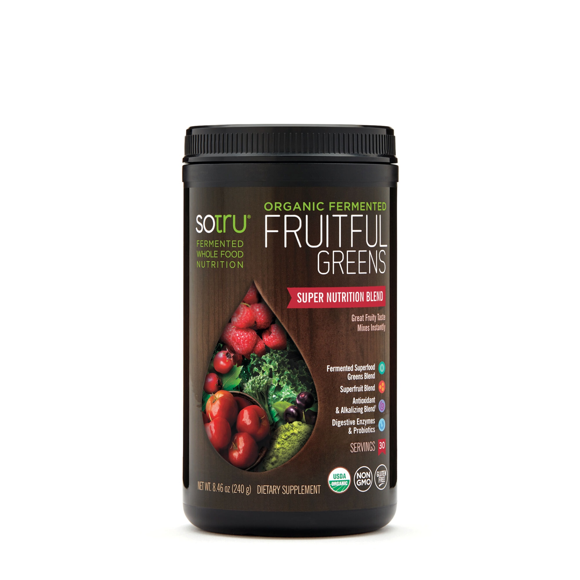 slide 1 of 1, SoTru Organic Fermented Fruitful Greens Nutrition Blend, 8.46 oz