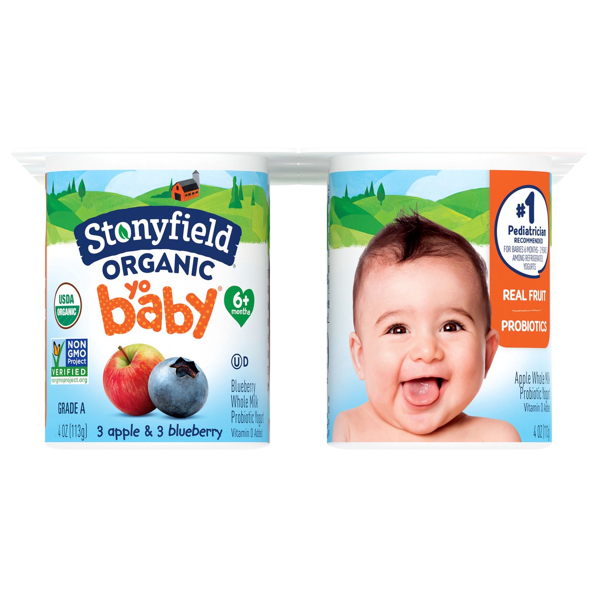 slide 1 of 4, Stonyfield Organic YoBaby 6+ Months Whole Milk Apple & Blueberry Yogurt 6 - 4 oz Cups, 6 ct