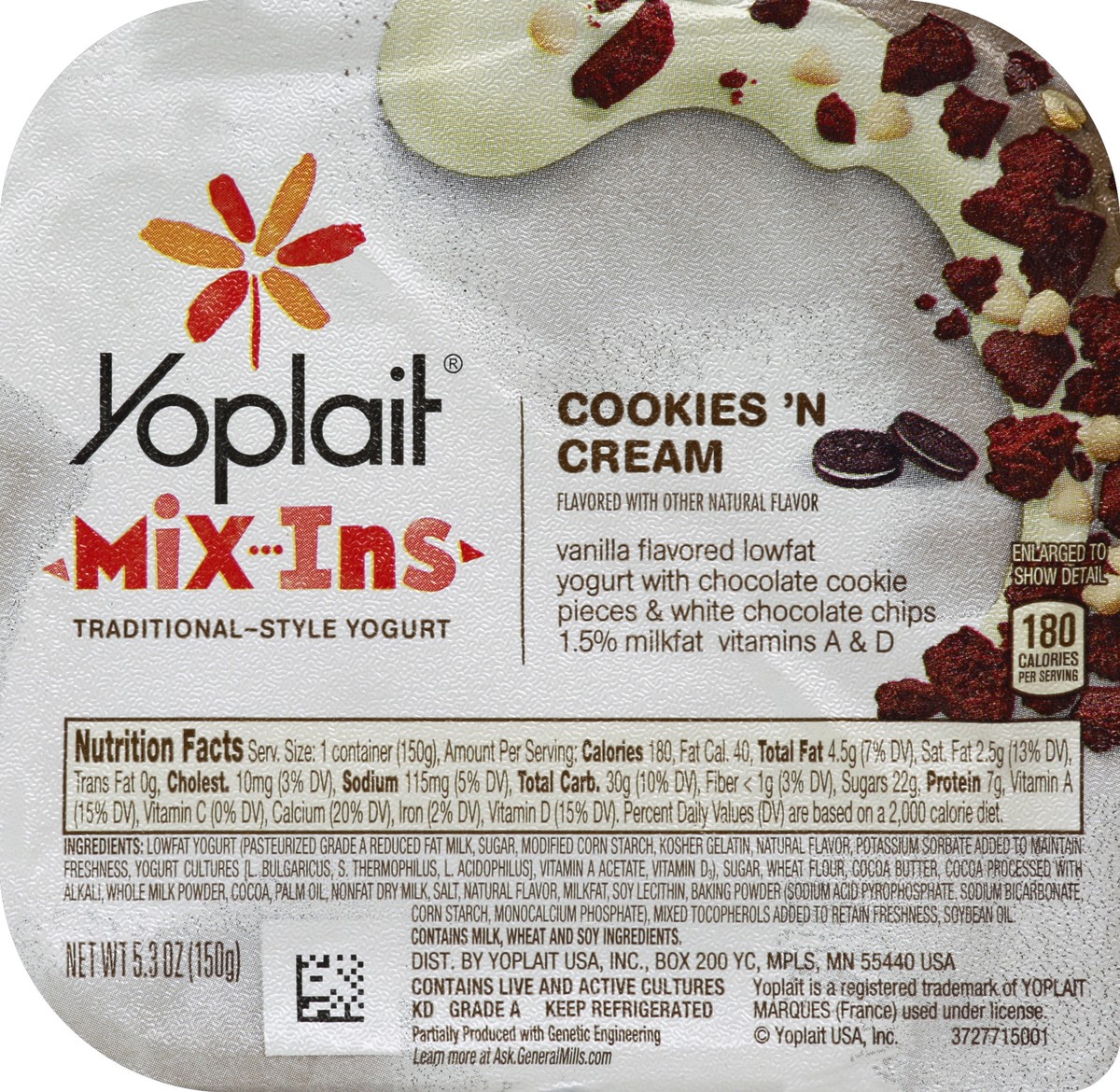 slide 2 of 4, Yoplait Mix-Ins Cookies & Cream Traditional-Style Yogurt Cup, 5.3 oz