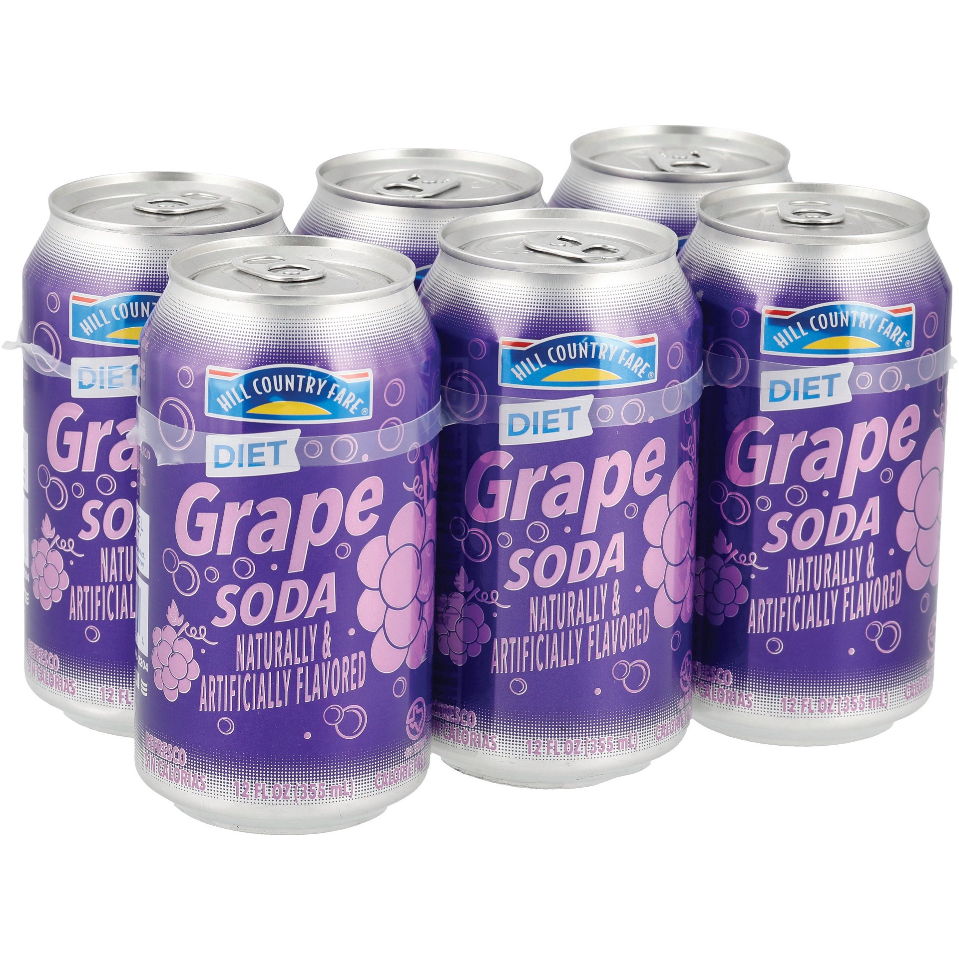 slide 1 of 1, Hill Country Fare Diet Grape Soda 6 pk Cans, 12 oz