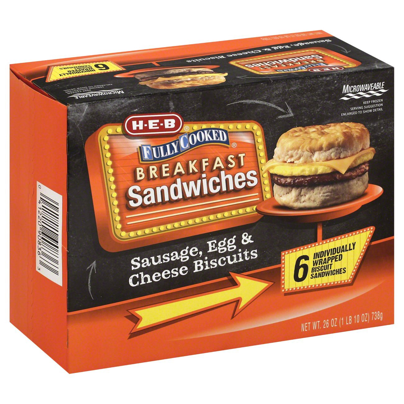 slide 1 of 1, H-E-B Fully Cooked Jumbo Sausage Egg and Cheese Biscuits, 6 ct