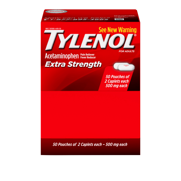 slide 1 of 7, Tylenol Extra Strength Caplets, 2 Caplets Per Packet, 50 ct Packets, 50 ct