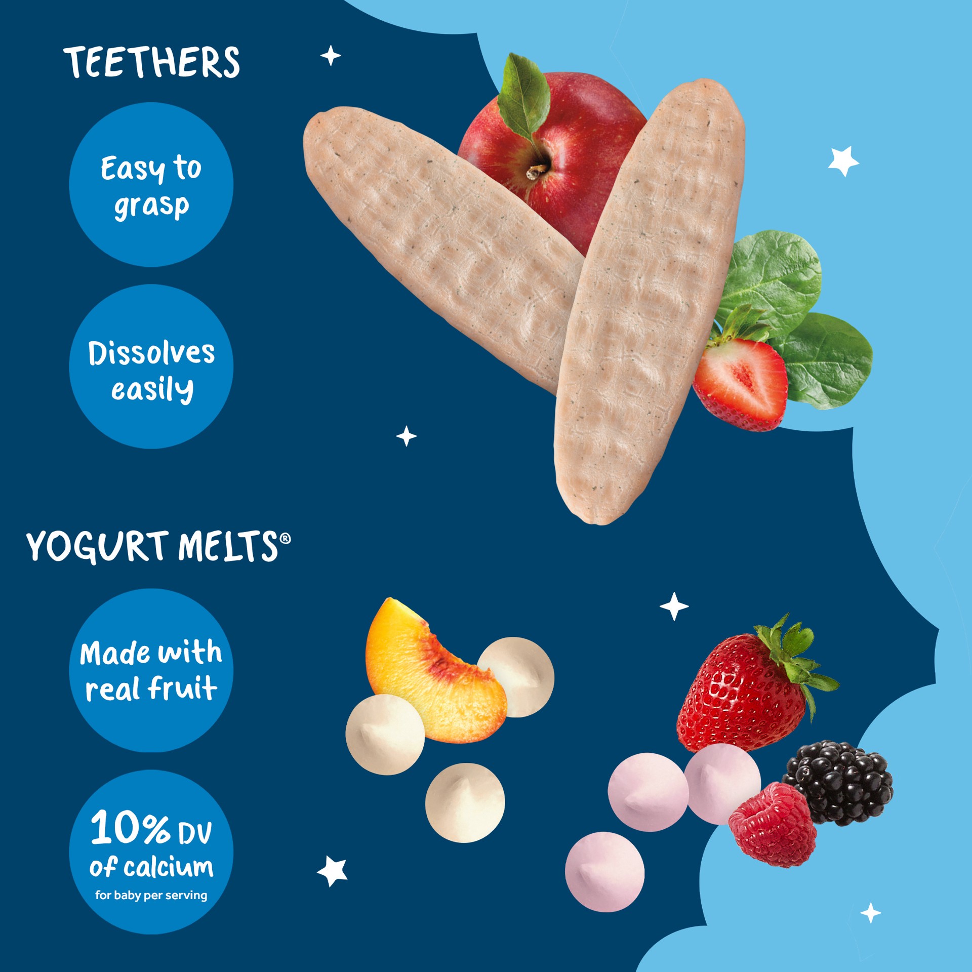 slide 5 of 7, Gerber Stage 3 Baby Food, Teethers and Yogurt Melts Snacks Variety Pack, (Pack of 6), 7.4 oz