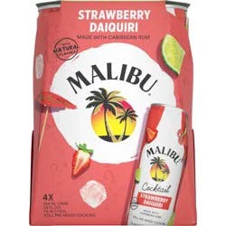 Malibu Rum Cans Malibu Strawberry Daiquiri Ready to Drink Rum Cocktail, 4 Pack, 12 Fl Oz Cans, 7% ABV