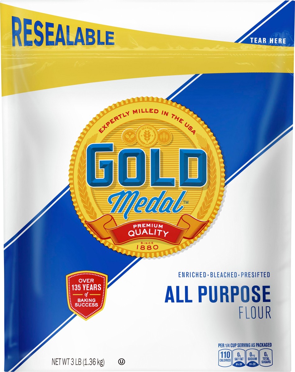slide 7 of 9, Gold Medal All Purpose Flour, Baking Flour, 3 lb Resealable Bag, 48 oz