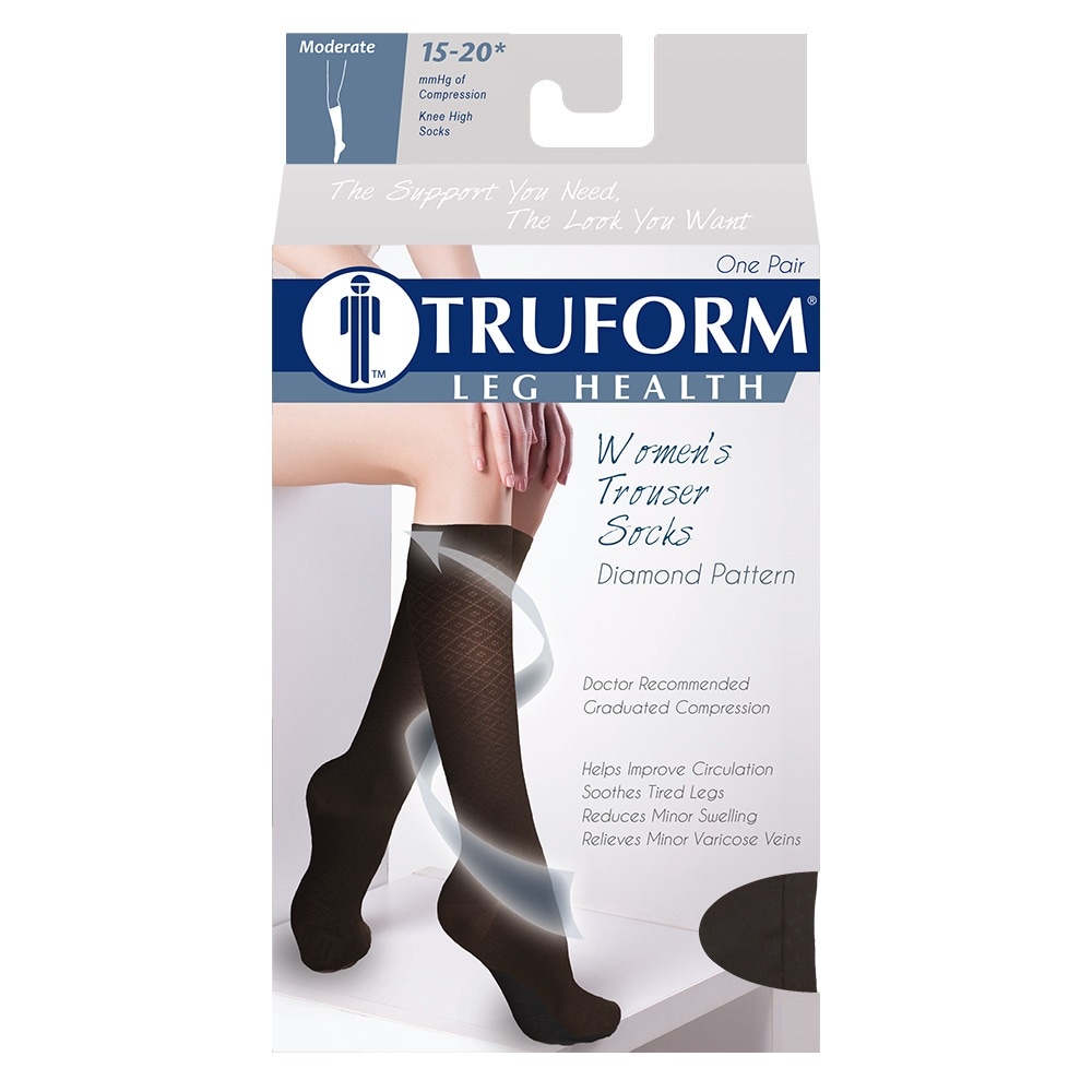 slide 1 of 1, TRUFORM Leg Health Moderate Diamond Pattern Women's Compression Trouser Socks - Black, XL