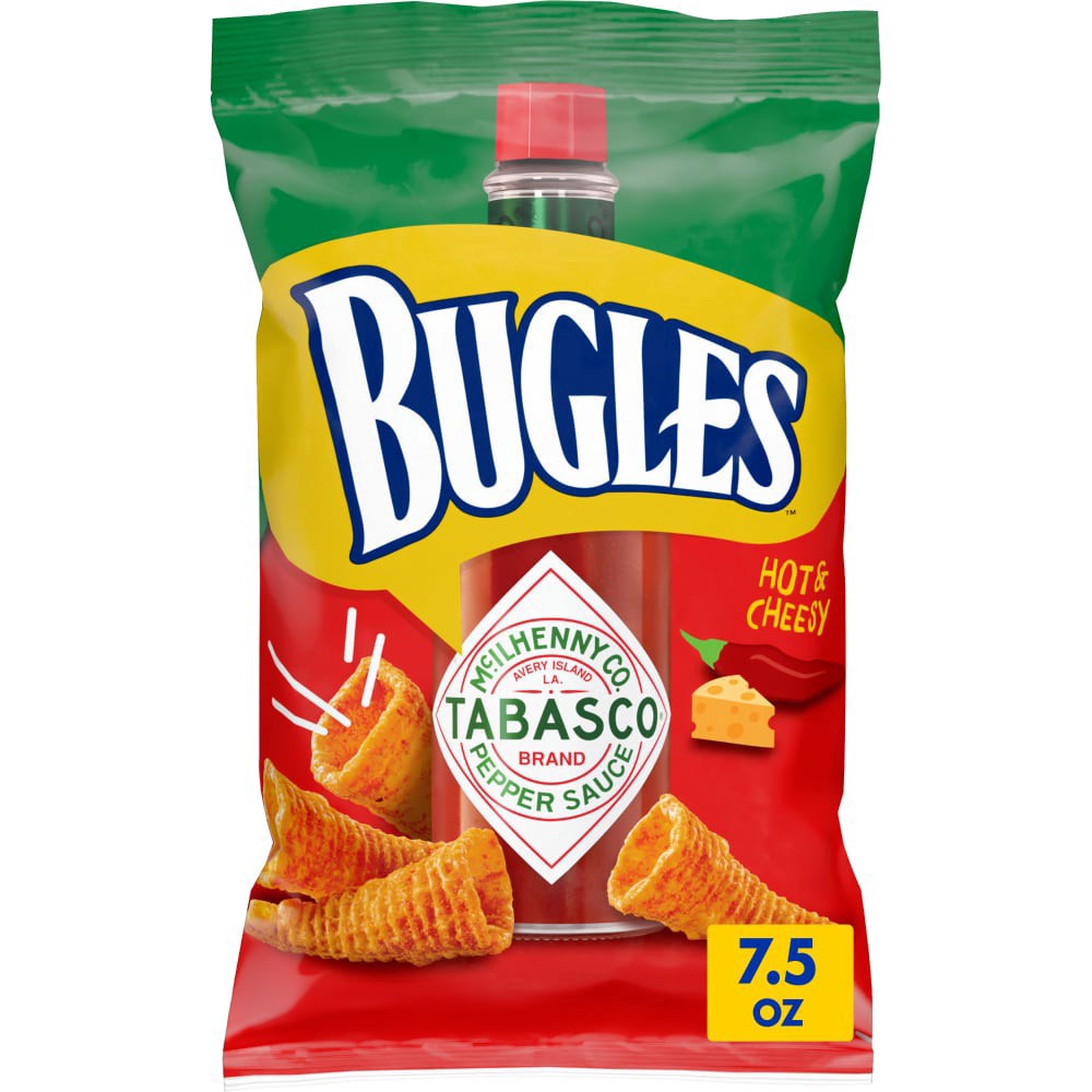 slide 1 of 6, Bugles Tabasco Flavored Crispy Corn Snacks, 7.5 oz