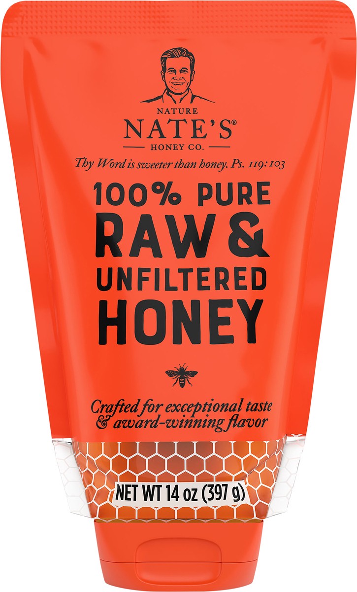 slide 3 of 9, Nature Nate's Honey Co. Nature Nate's 100% Pure Raw & Unfiltered Honey Squeeze Pouch, 14 oz