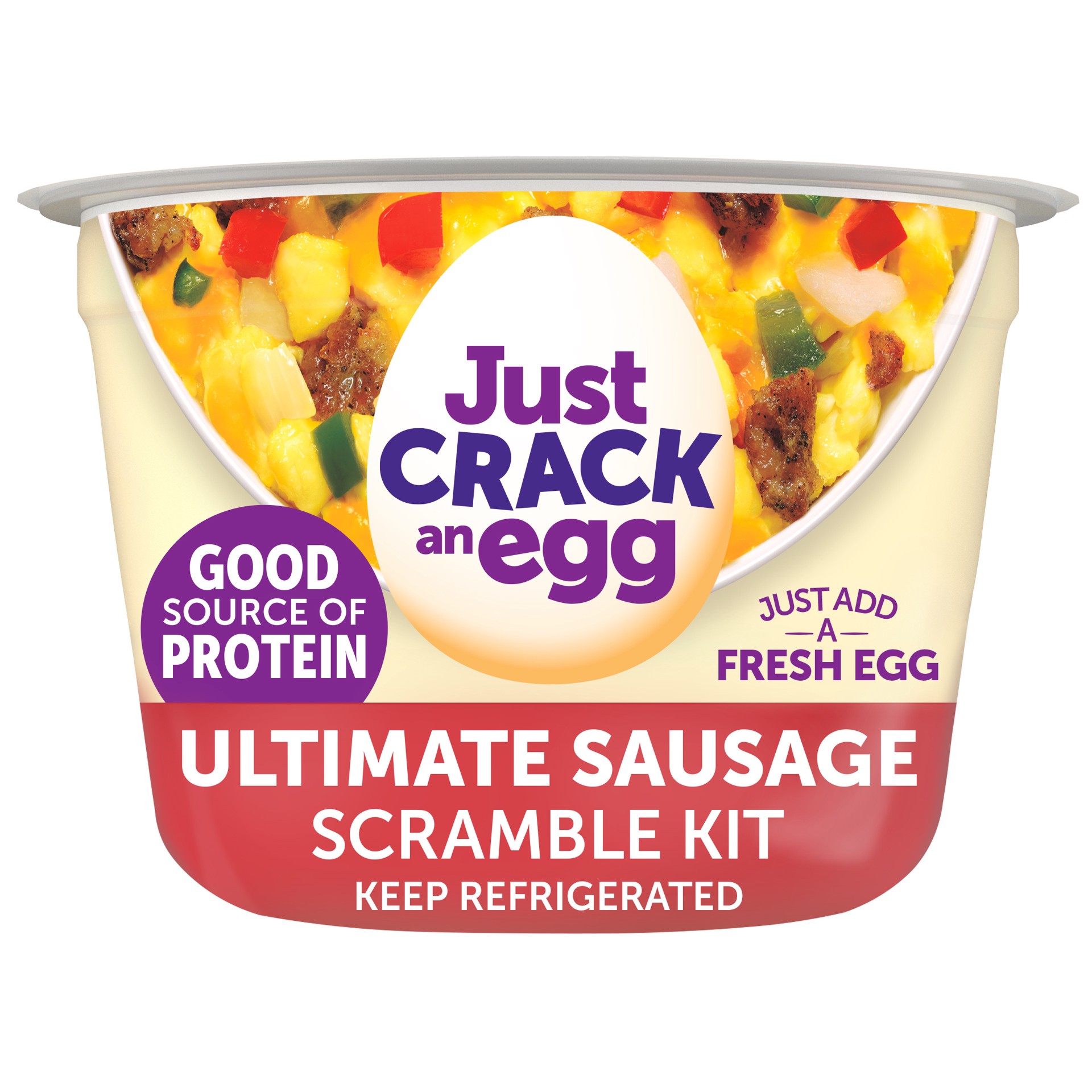 slide 1 of 9, Just Crack an Egg Ultimate Scramble Breakfast Bowl Kit with Pork Sausage, Mild Cheddar Cheese, Potatoes, Onions, and Green and Red Peppers, 3 oz. Cup, 3 oz