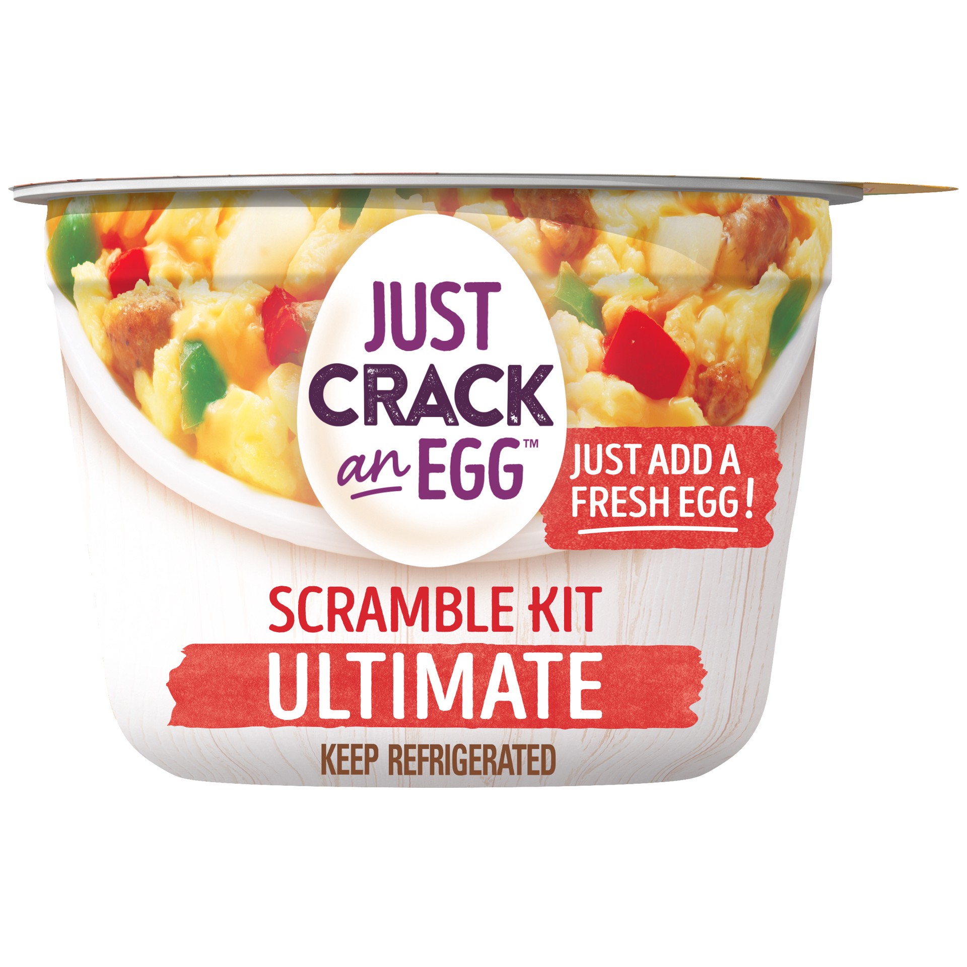 slide 1 of 9, Just Crack an Egg Ultimate Scramble Breakfast Bowl Kit with Pork Sausage, Mild Cheddar Cheese, Potatoes, Onions, and Green and Red Peppers, 3 oz. Cup, 3 oz