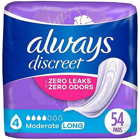 slide 1 of 1, Always Discreet Moderate Long Incontinence Pads Up To 100% Leak Free - 54 Count, 54 ct