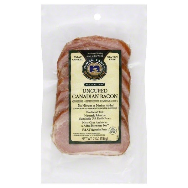 slide 1 of 3, Niman Ranch Fully Cooked Uncured Canadian Bacon, 7 oz