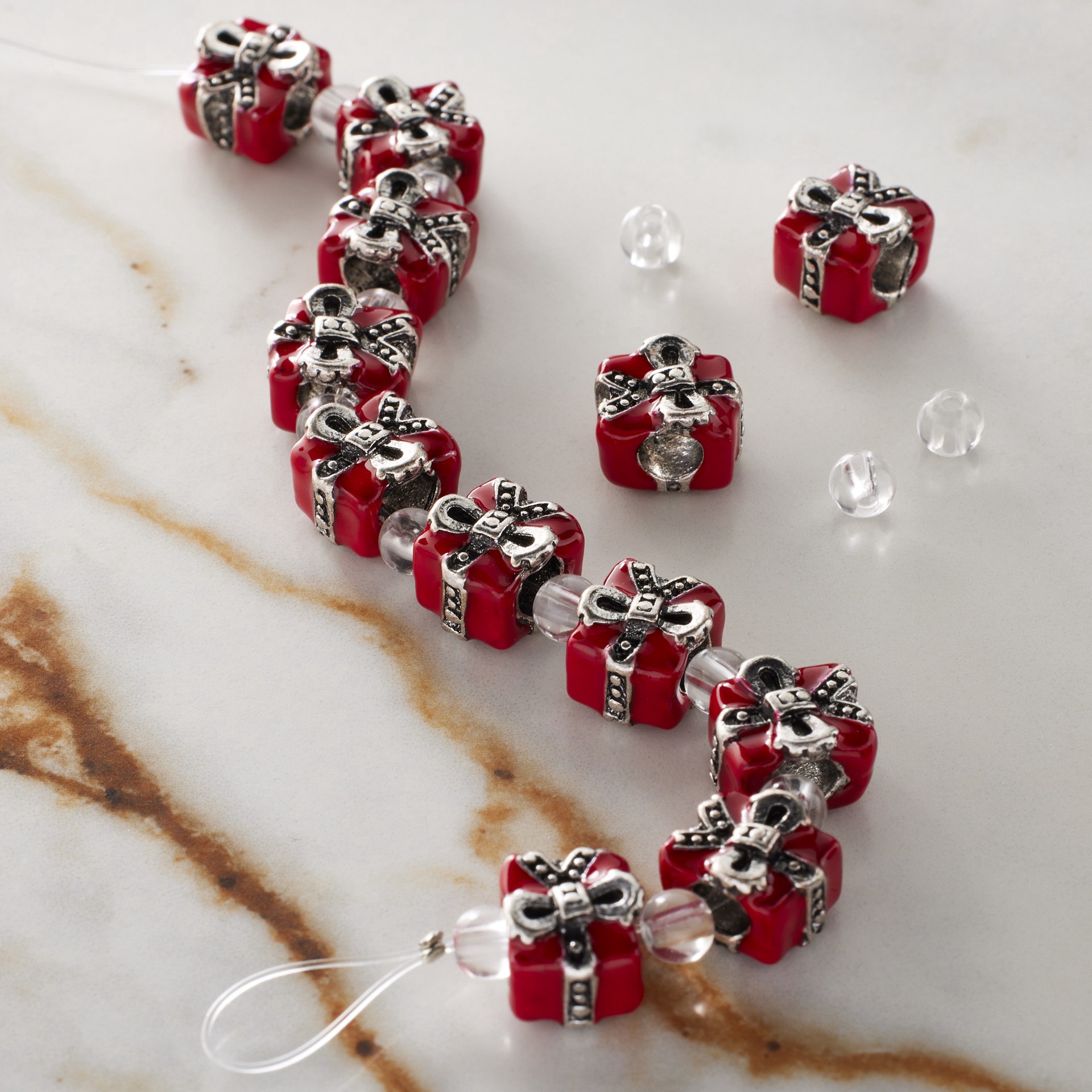 slide 3 of 3, Red & Silver Bow Accented Beads, 10mm By Bead Landing, 10mm