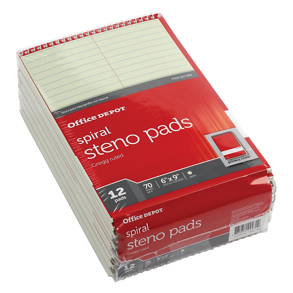slide 1 of 1, Office Depot Brand Steno Books, 6'' X 9'', Gregg Ruled, 70 Sheets, Greentint, Pack Of 12, 12 ct