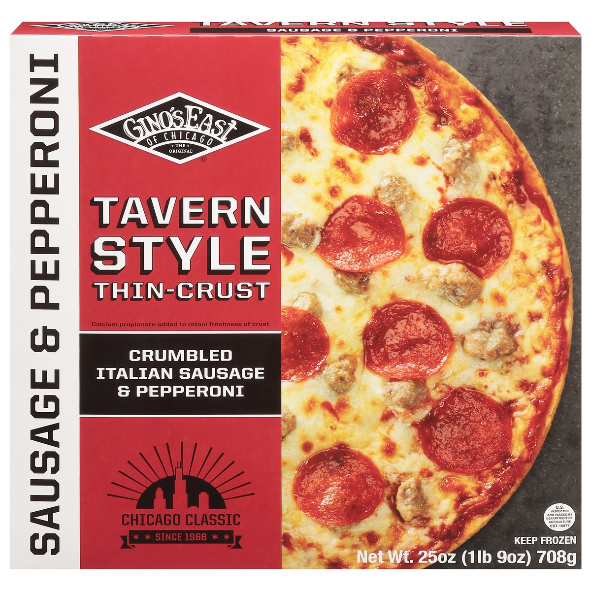 slide 1 of 1, Gino's East Thin Crust Tavern Style Sausage & Pepperoni Pizza 25 oz, 24.8 oz