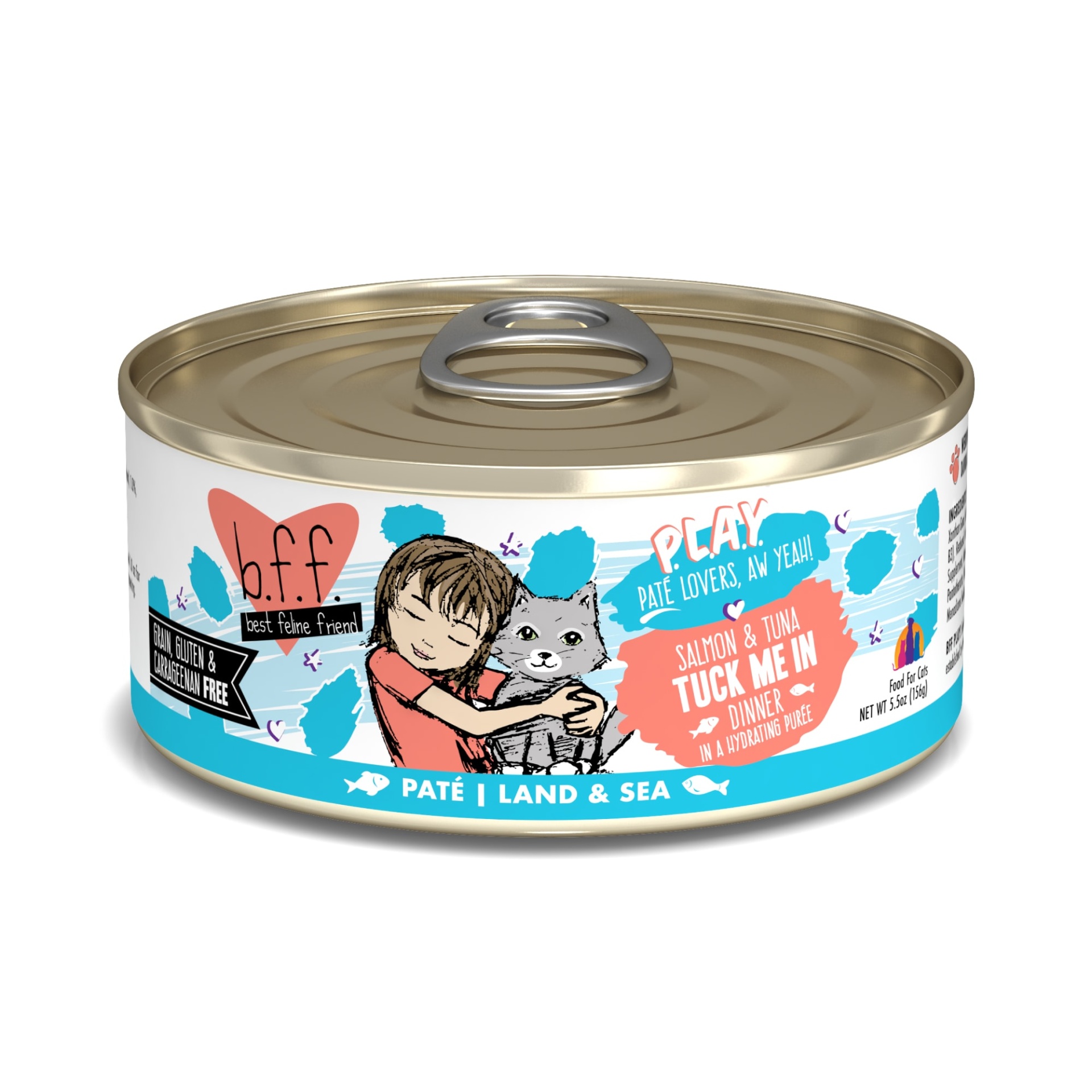 slide 1 of 1, B.F.F. P.L.A.Y. Tuck Me In Salmon & Tuna Dinner in a Hydrating Puree Wet Cat Food, 5.5 oz., 5.5 oz