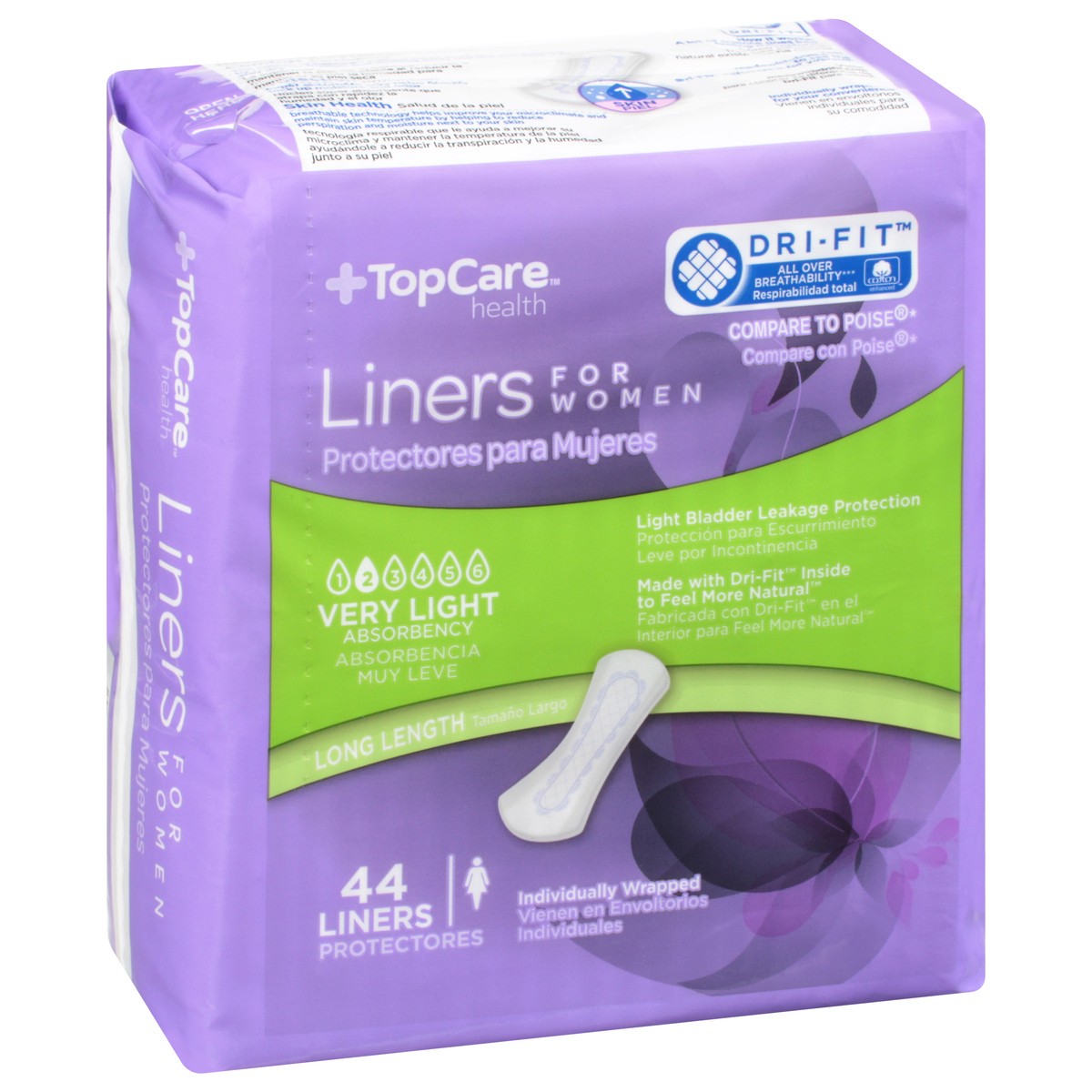 slide 9 of 9, TopCare Everyday Long Length Bladder Control Very Light Absorbency Liners for Women 44 Each, 44 ct