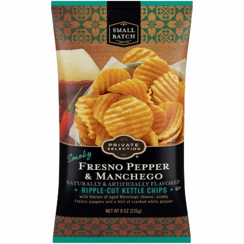 slide 1 of 1, Private Selection Smoky Fresno Pepper Manchego Flavored Ripple Cut Kettle Chips, 8 oz