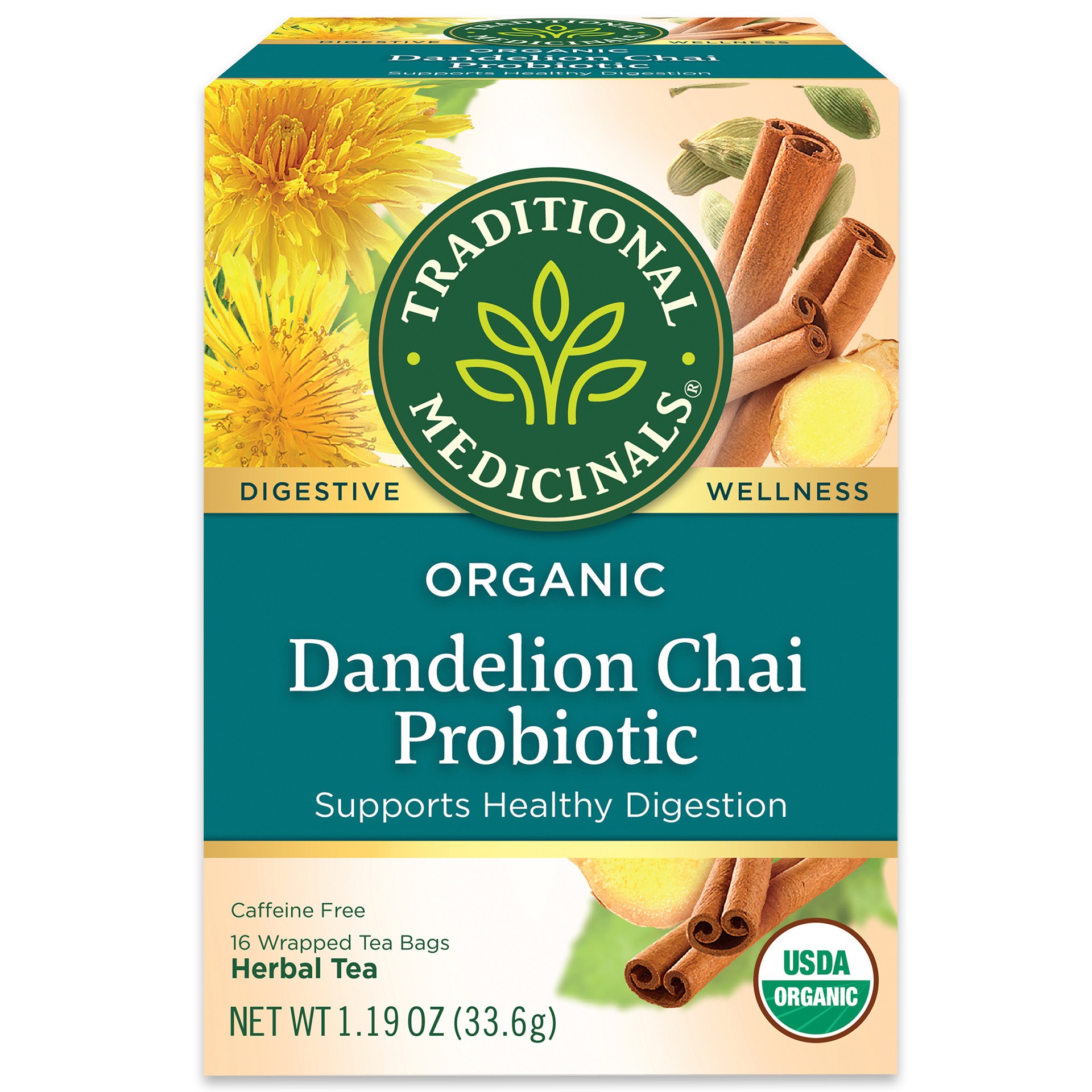 slide 1 of 1, Traditional Medicinals Organic Dandelion Chai Probiotic, Caffeine Free Herbal Tea, 16 ct