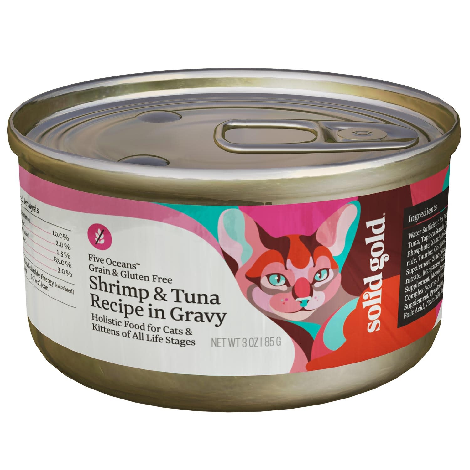 slide 1 of 1, Solid Gold Five Oceans Shrimp & Tuna Grain Free Canned Cat Food, 3 oz