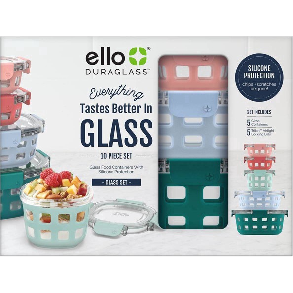 Ello Duraglass 5 Glass Food Storage Meal Prep Containers silicone