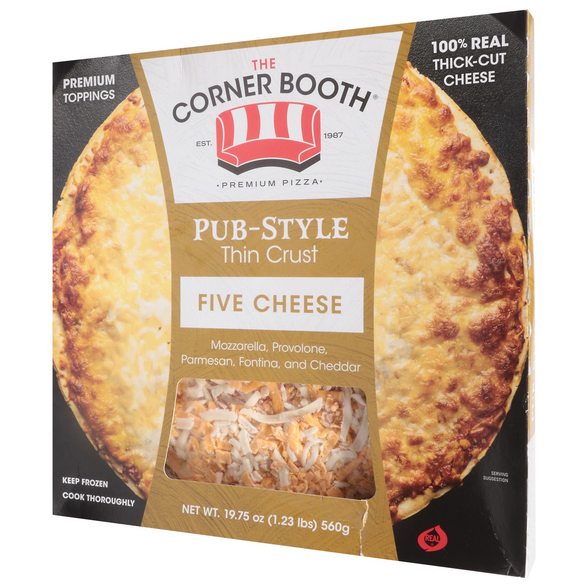 slide 2 of 13, The Corner Booth Premium Pub-Style Thin Crust Five Cheese Pizza 19.75 oz, 19.75 oz