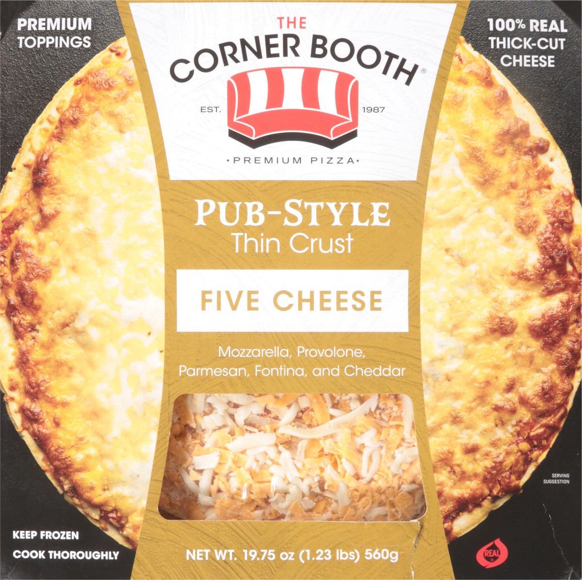 slide 7 of 13, The Corner Booth Premium Pub-Style Thin Crust Five Cheese Pizza 19.75 oz, 19.75 oz