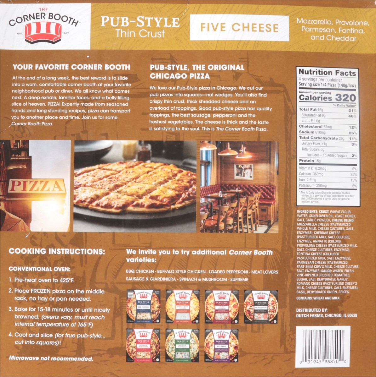 slide 6 of 13, The Corner Booth Premium Pub-Style Thin Crust Five Cheese Pizza 19.75 oz, 19.75 oz