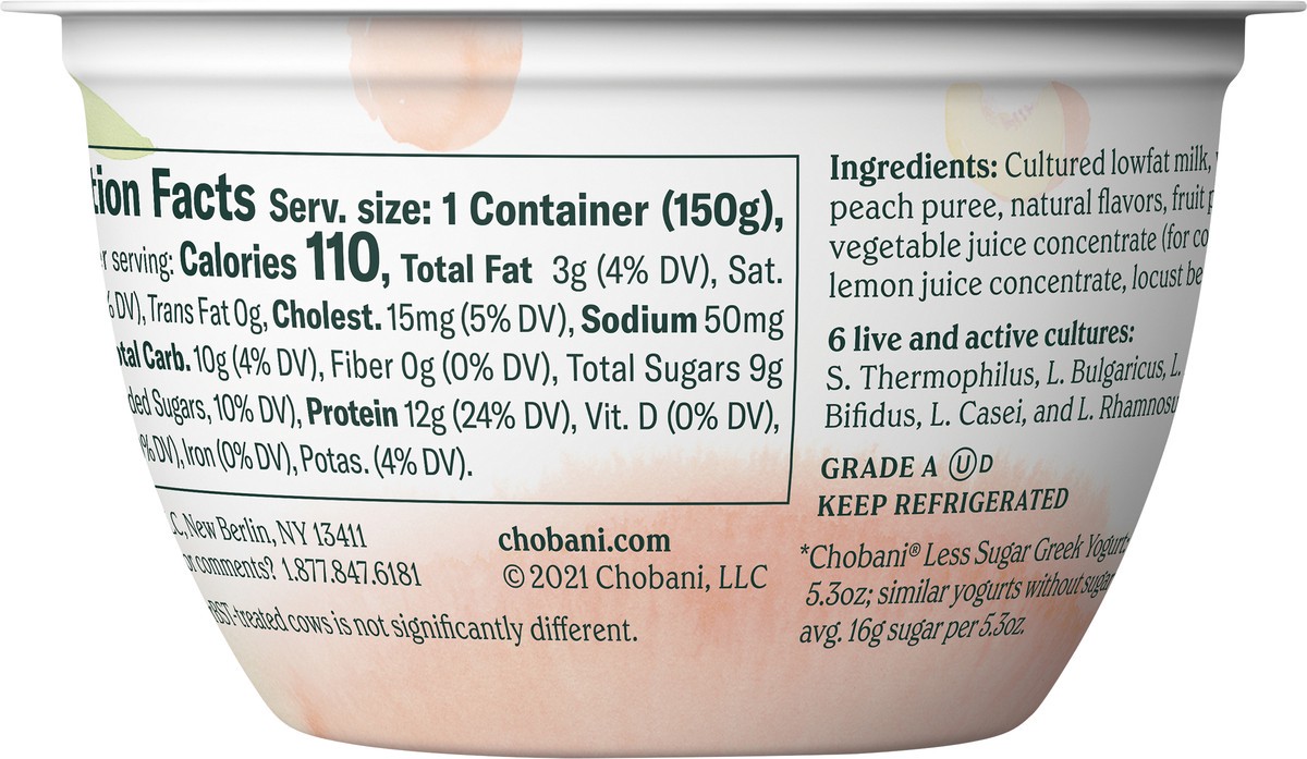 slide 6 of 6, Chobani Yogurt, Greek, Less Sugar, Clingstone Peach, 5.3 oz