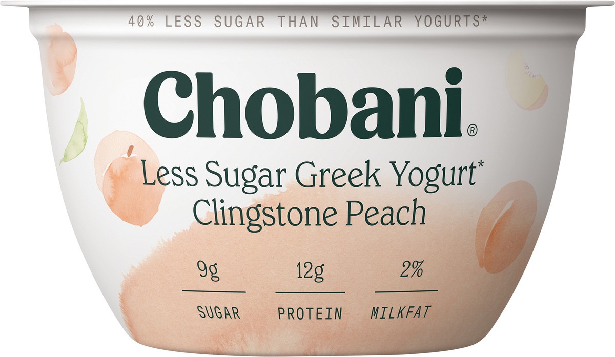 slide 5 of 6, Chobani Yogurt, Greek, Less Sugar, Clingstone Peach, 5.3 oz