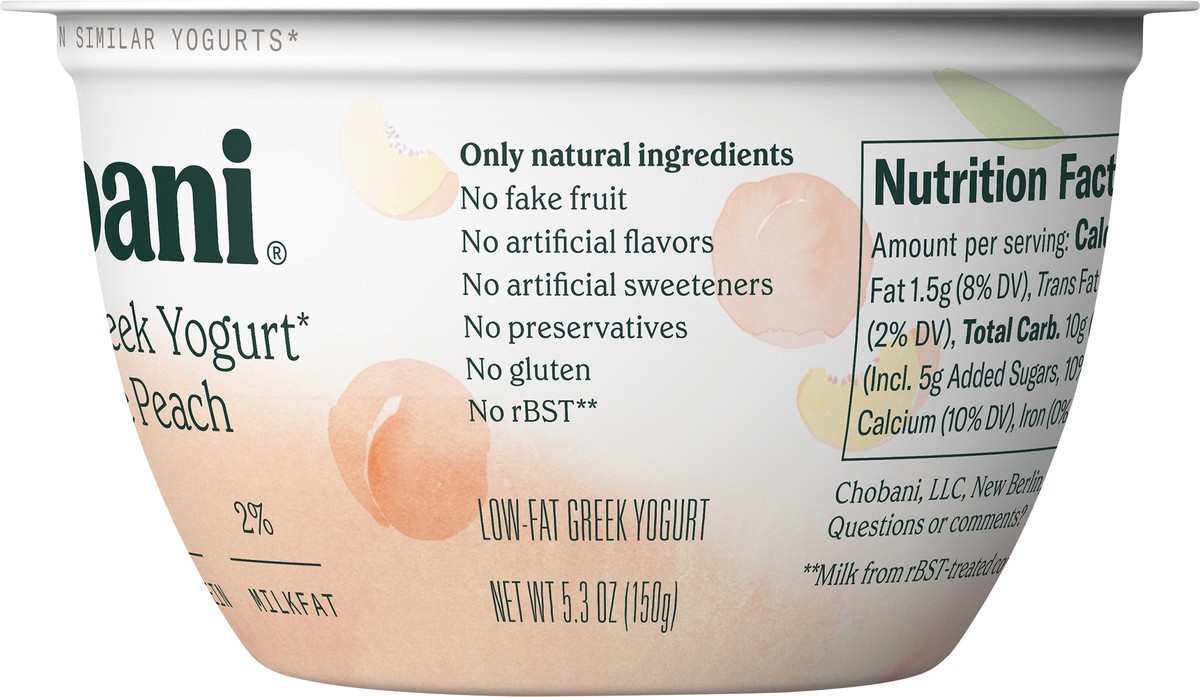 slide 4 of 6, Chobani Yogurt, Greek, Less Sugar, Clingstone Peach, 5.3 oz
