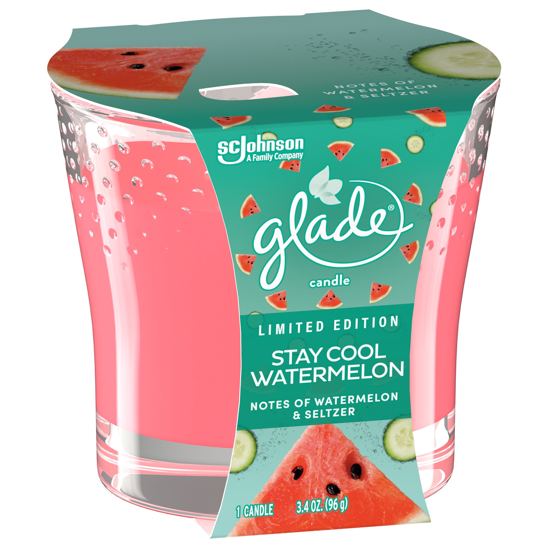slide 2 of 5, Glade Scented Candle Jar, Stay Cool Watermelon Scent, Infused with Essential Oils, Spring Limited Edition Fragrance, Positive Vibes Collection, 1 Candle, 3.4 oz, 96 g, 3.4 oz