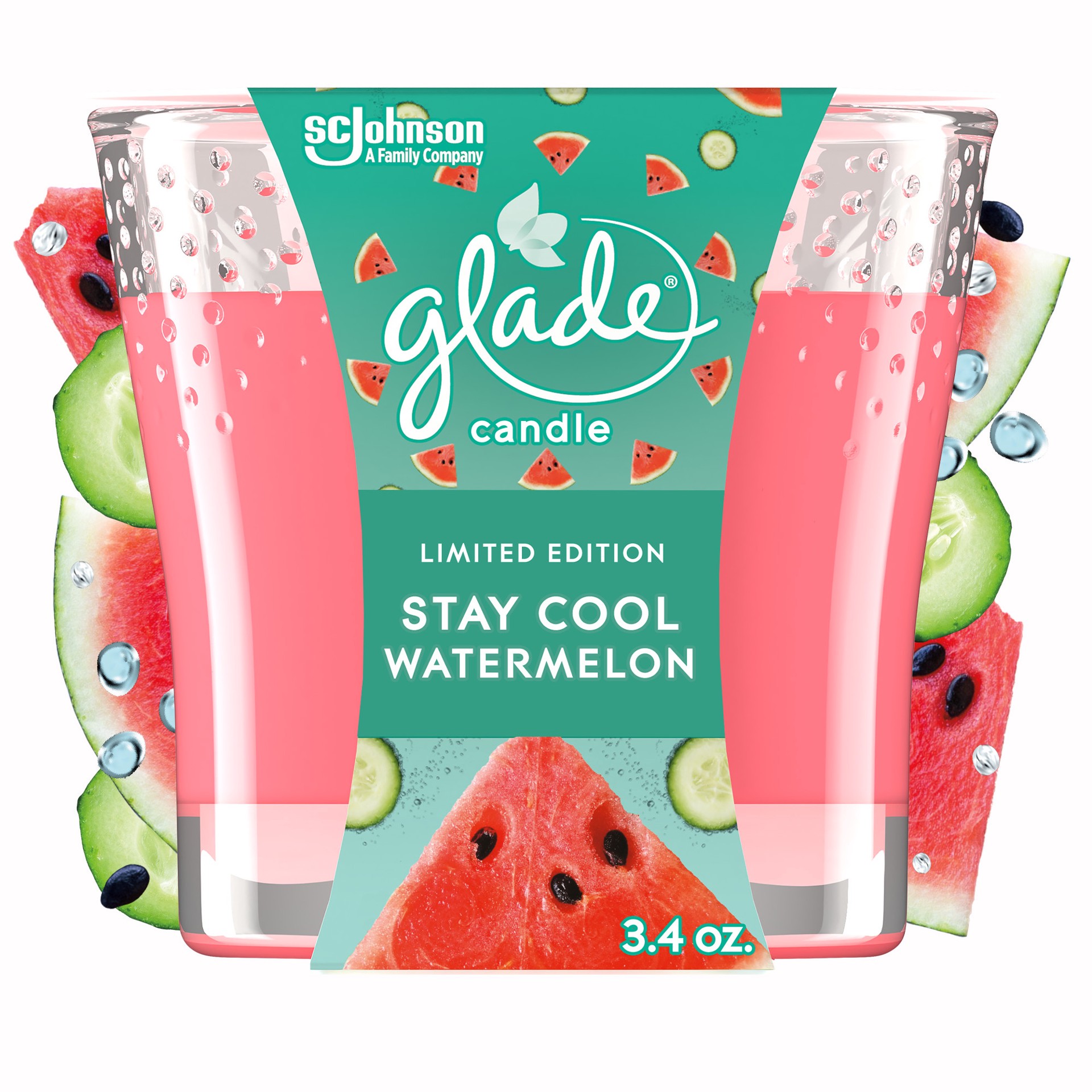 slide 4 of 5, Glade Scented Candle Jar, Stay Cool Watermelon Scent, Infused with Essential Oils, Spring Limited Edition Fragrance, Positive Vibes Collection, 1 Candle, 3.4 oz, 96 g, 3.4 oz