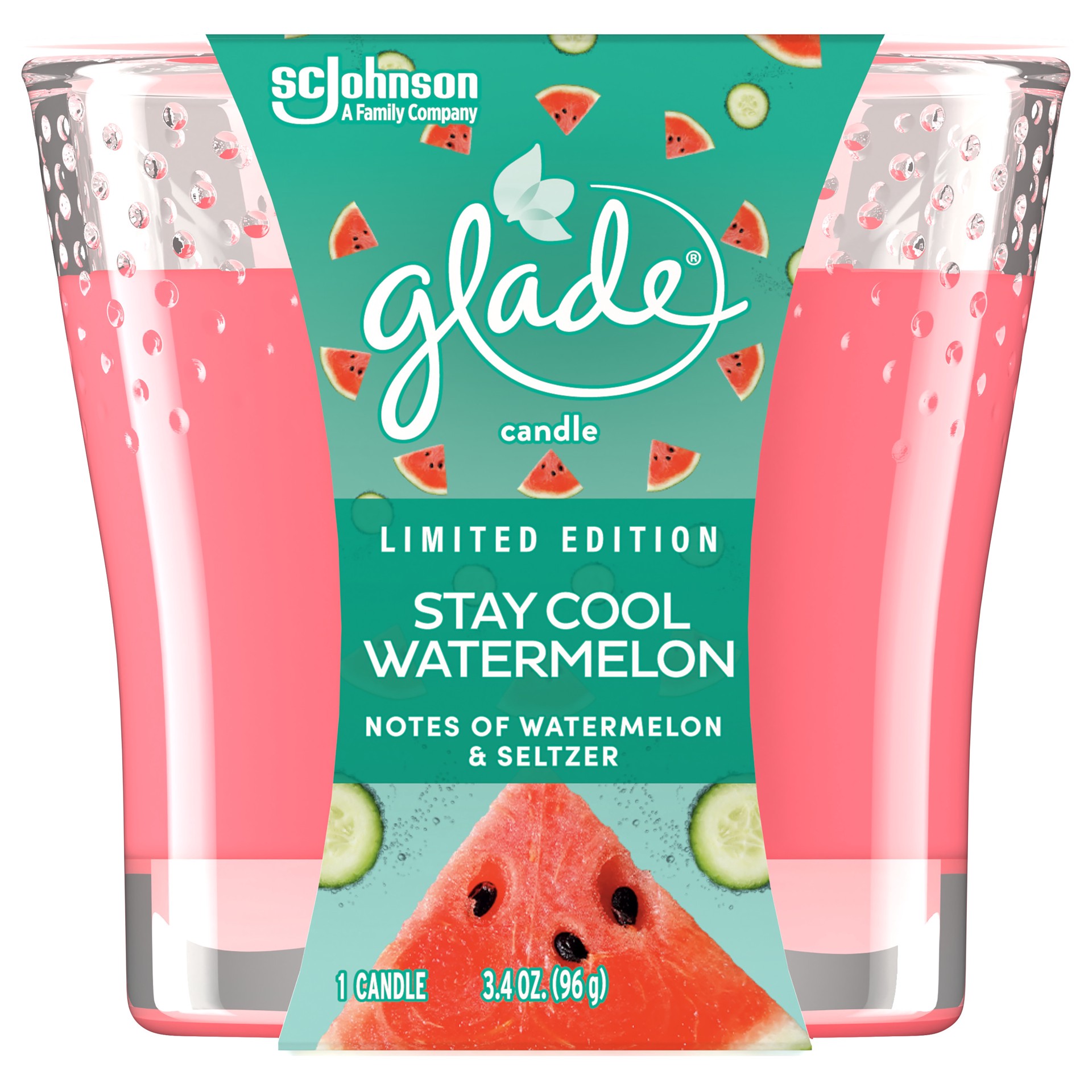 slide 1 of 5, Glade Scented Candle Jar, Stay Cool Watermelon Scent, Infused with Essential Oils, Spring Limited Edition Fragrance, Positive Vibes Collection, 1 Candle, 3.4 oz, 96 g, 3.4 oz