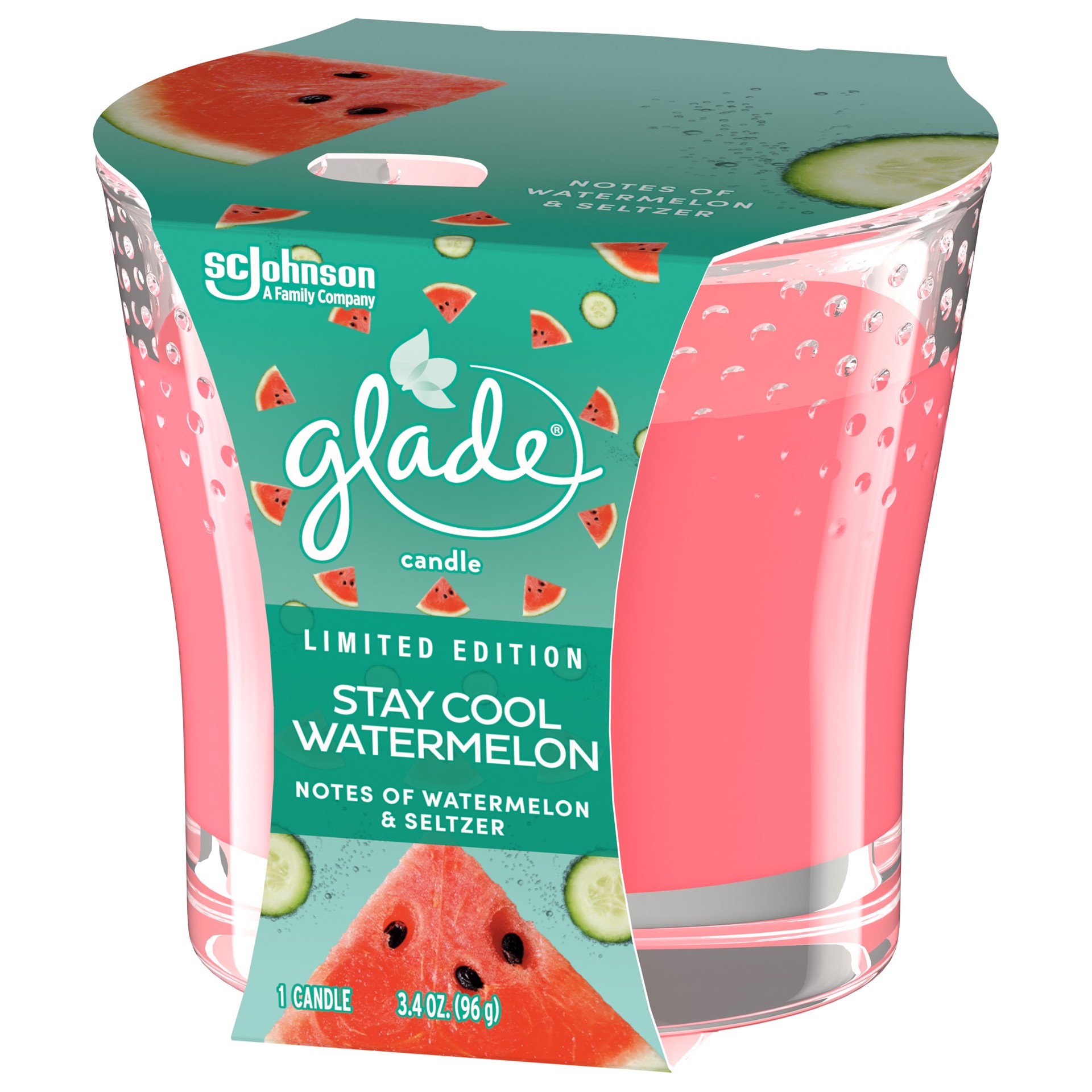 slide 5 of 5, Glade Scented Candle Jar, Stay Cool Watermelon Scent, Infused with Essential Oils, Spring Limited Edition Fragrance, Positive Vibes Collection, 1 Candle, 3.4 oz, 96 g, 3.4 oz
