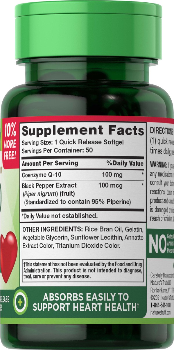 slide 2 of 5, Nature's Truth Enhanced Absorption CoQ-10 100 mg plus Black Pepper Extract, 50 ct