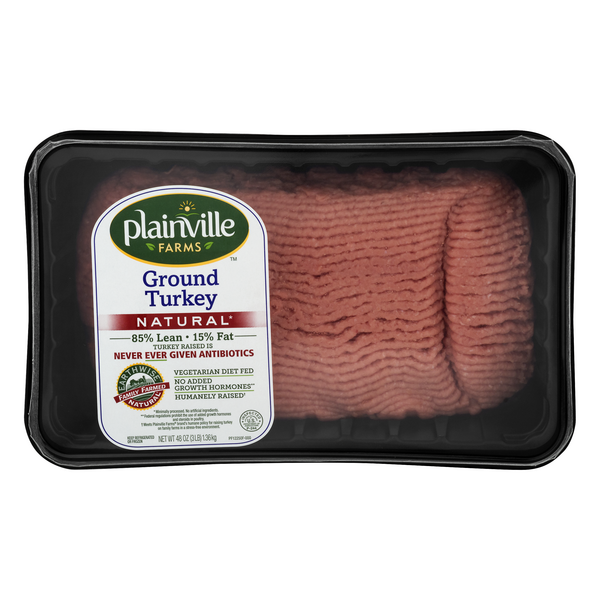 slide 1 of 1, Plainville Farms Ground Turkey 85% Lean Natural, 3 lb
