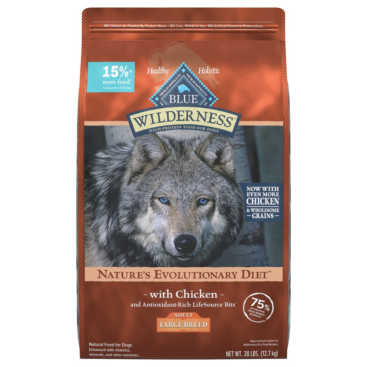slide 1 of 1, Blue Buffalo Wilderness High Protein Natural Large Breed Adult Dry Dog Food plus Wholesome Grains, Chicken 28 lb bag, 28 lb