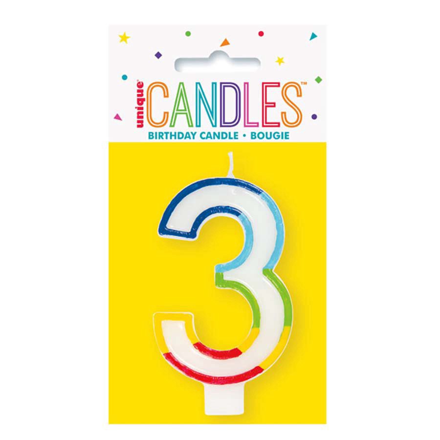 slide 1 of 1, unique Rainbow Border Number 3 Birthday Candle, 3.25 in
