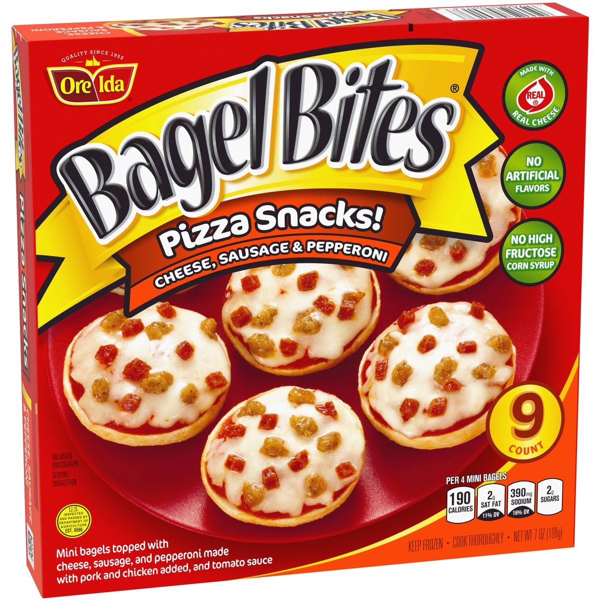 slide 8 of 9, Bagel Bites Cheese, Sausage & Pepperoni Mini Pizza Bagel Frozen Snacks, 9 ct Box, 7 oz