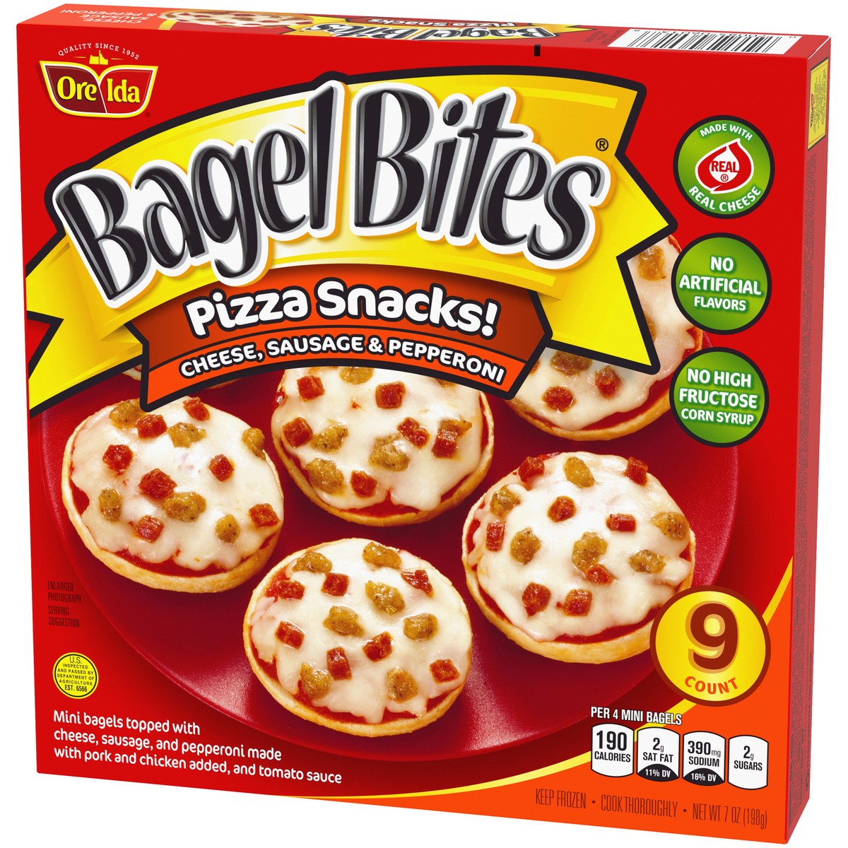 slide 4 of 9, Bagel Bites Cheese, Sausage & Pepperoni Mini Pizza Bagel Frozen Snacks, 9 ct Box, 7 oz