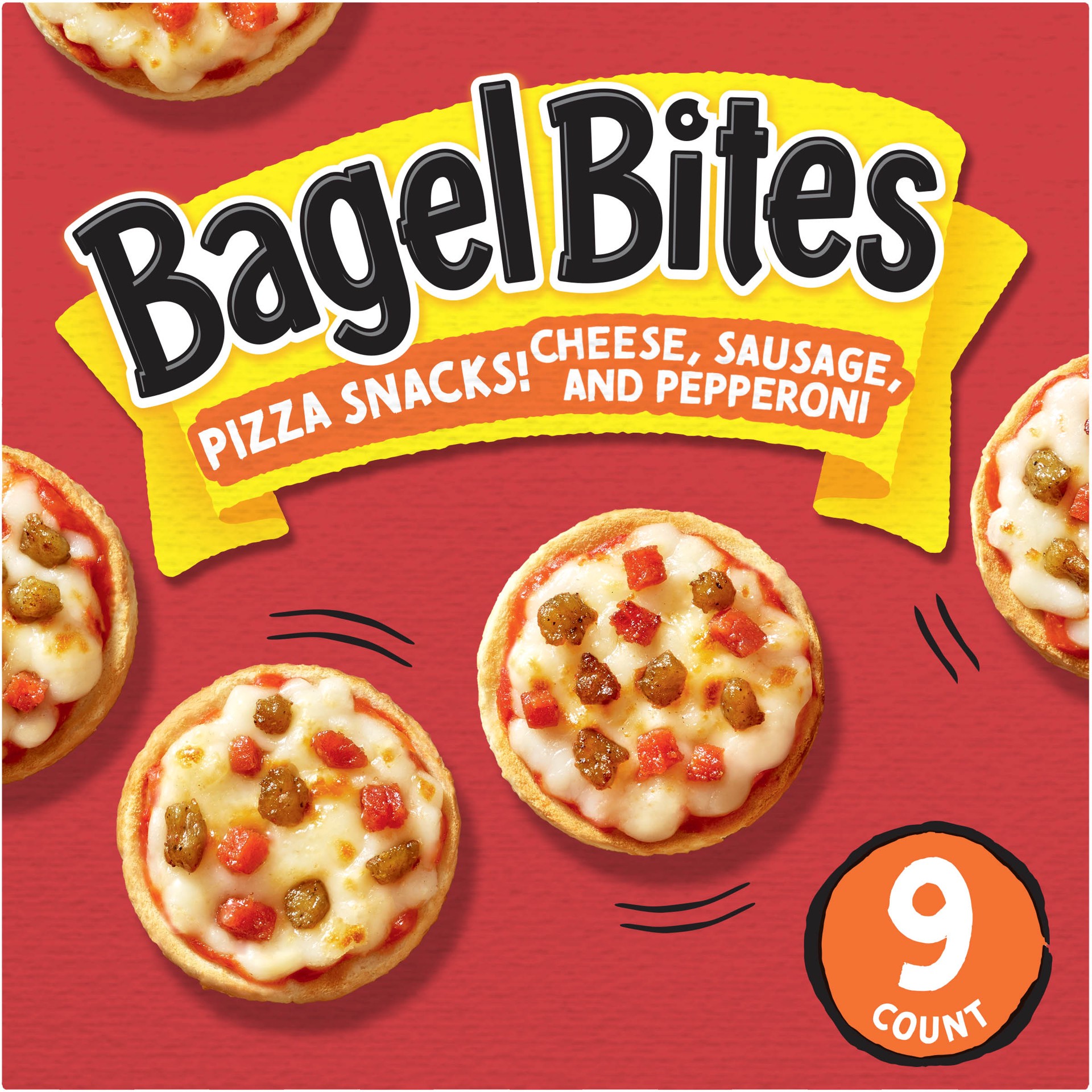 slide 1 of 9, Bagel Bites Cheese, Sausage & Pepperoni Mini Pizza Bagel Frozen Snacks, 9 ct Box, 7 oz