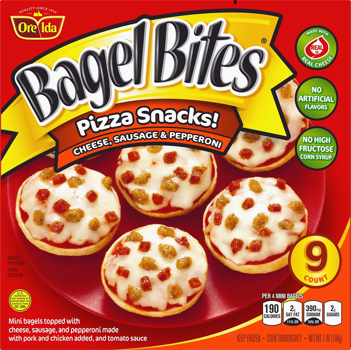 slide 3 of 9, Bagel Bites Cheese, Sausage & Pepperoni Mini Pizza Bagel Frozen Snacks, 9 ct Box, 7 oz