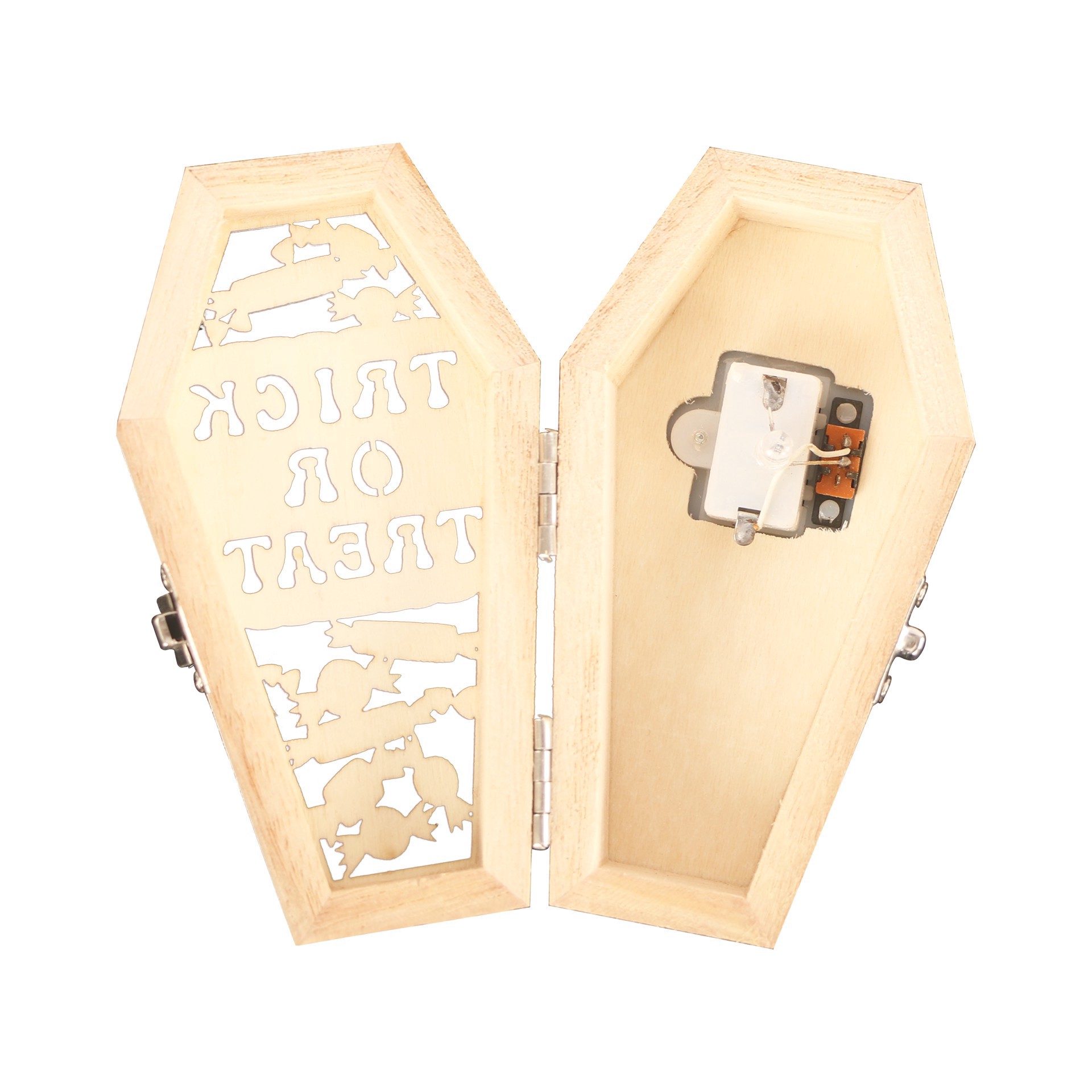 slide 4 of 4, Mini Trick Or Treat Coffin Diy Led Wood Decor By Make Market, 2.3 in x 1.5 in x 4.4 in
