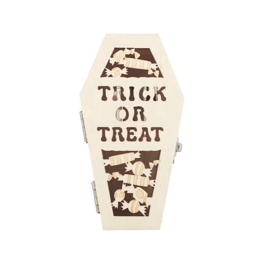 slide 1 of 4, Mini Trick Or Treat Coffin Diy Led Wood Decor By Make Market, 2.3 in x 1.5 in x 4.4 in