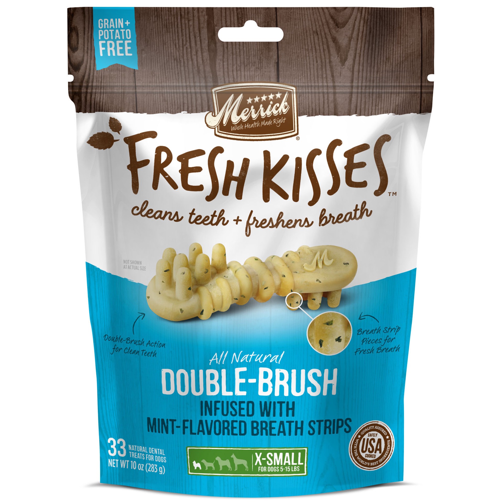 slide 3 of 6, Merrick Fresh Kisses Natural Dental Chews Toothbrush Treat Shape Infused With Real Mint For Tiny Dogs 5-15 Lbs, 10 oz